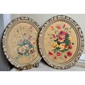 Vintage Riasini Florals Oval Ornate Framed Prints Roses & Daisies Shabby Chic